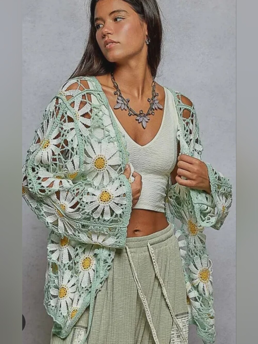 POL Crochet Floral Open Cardigan
